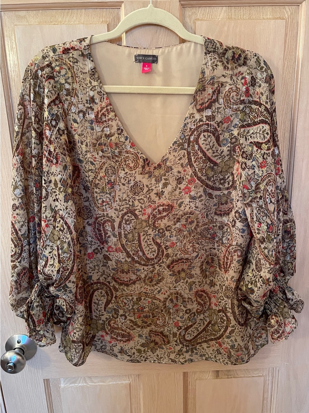 Vince Camuto Beige Floral Paisley V-Neck Semi-Sheer Blouse